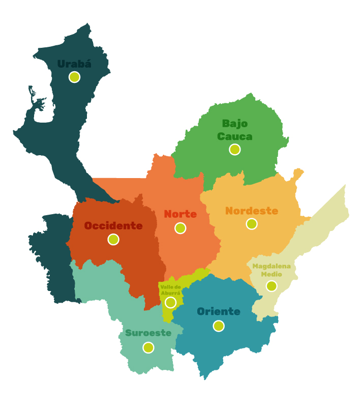 Mapa de las subregiones de Antioquia donde Comfenalco Antioquia tiene presencia.